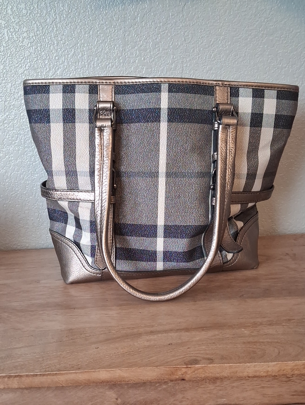 Burberry Plaid Tote with Metallic Gold Trim